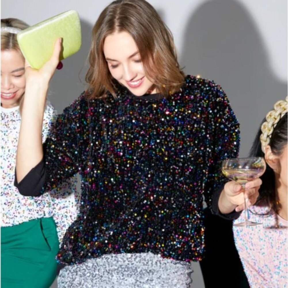 Black Multicolor Sequin Embellished Party Sweater – Sparkly & Festive